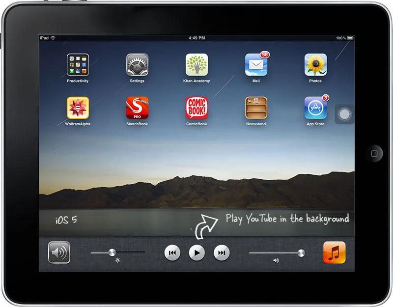 Double-press and swipe right to access the Play button in iOS 5.